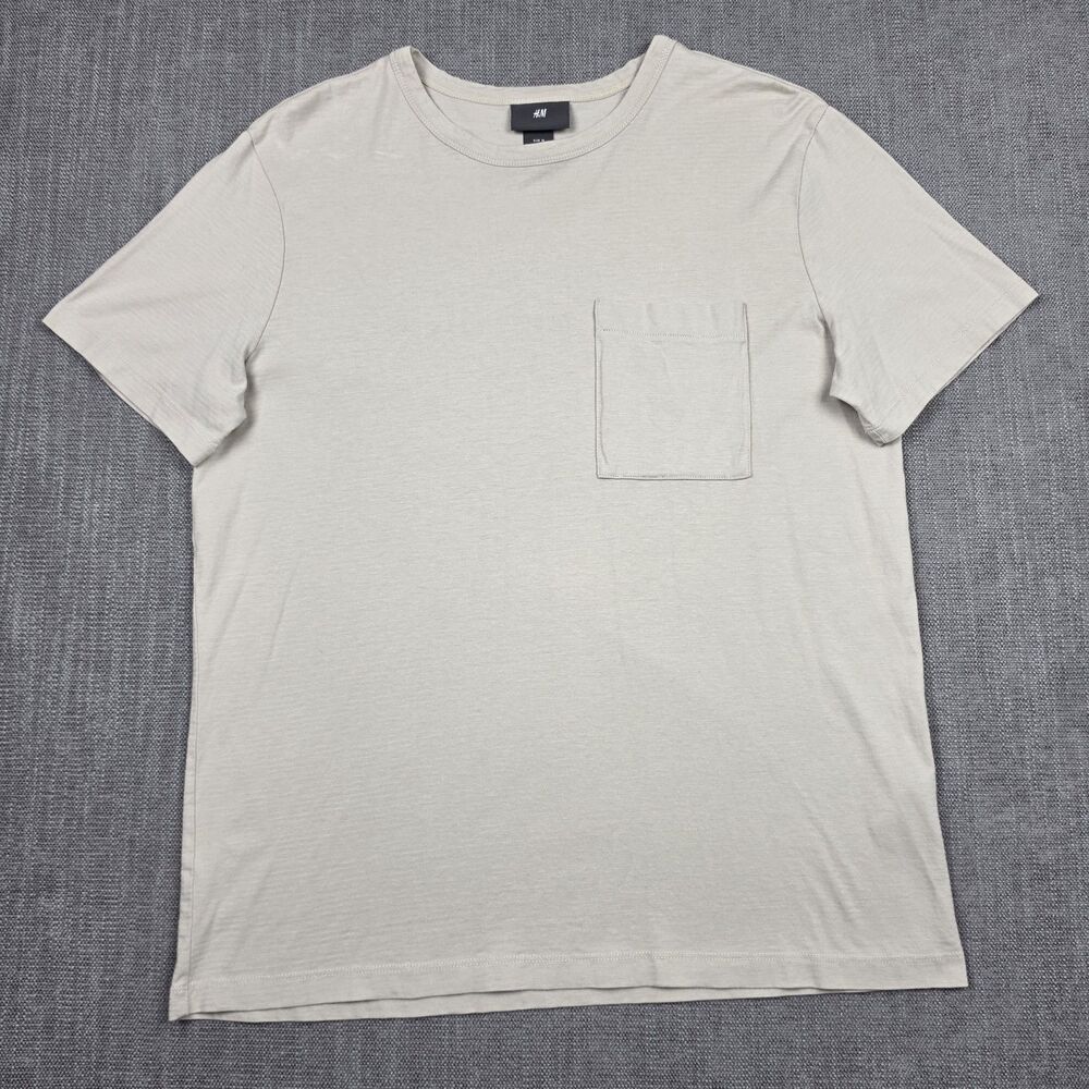 H&M Men T Shirt Medium Beige Tan Pocket Short Sleeve Crew Neck Cotton Casual Tee
